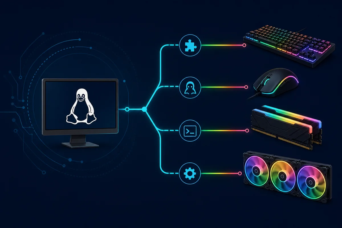 LinuxとRGBキーボード、マウス、メモリ、冷却機器を結ぶ編集用イラスト