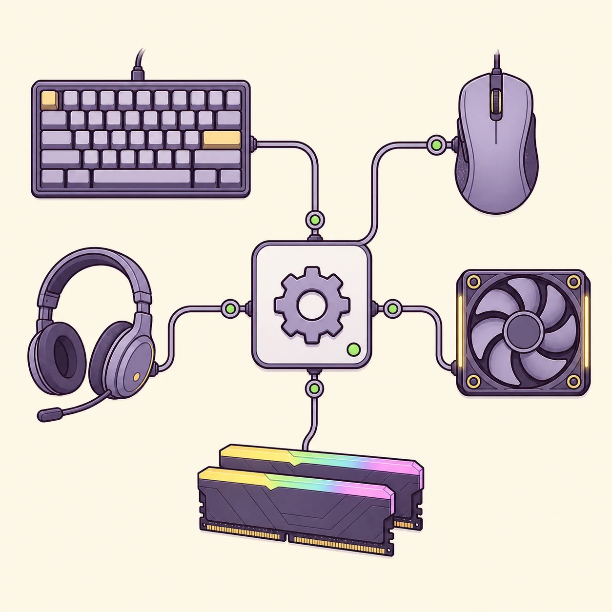 Illustrazione editoriale di un servizio collegato a periferiche PC