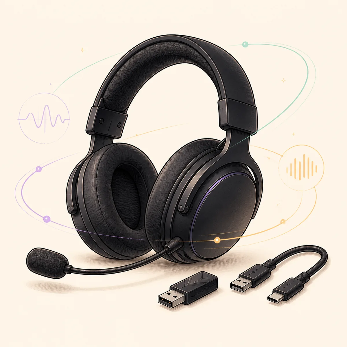 Ilustración editorial de un auricular gaming, un receptor USB y un cable para una guía de software Corsair