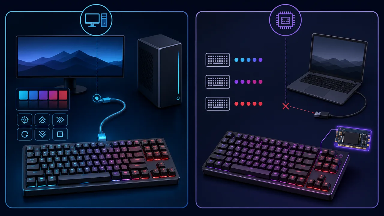 Confronto editoriale tra controllo iCUE e memoria integrata di una tastiera Corsair