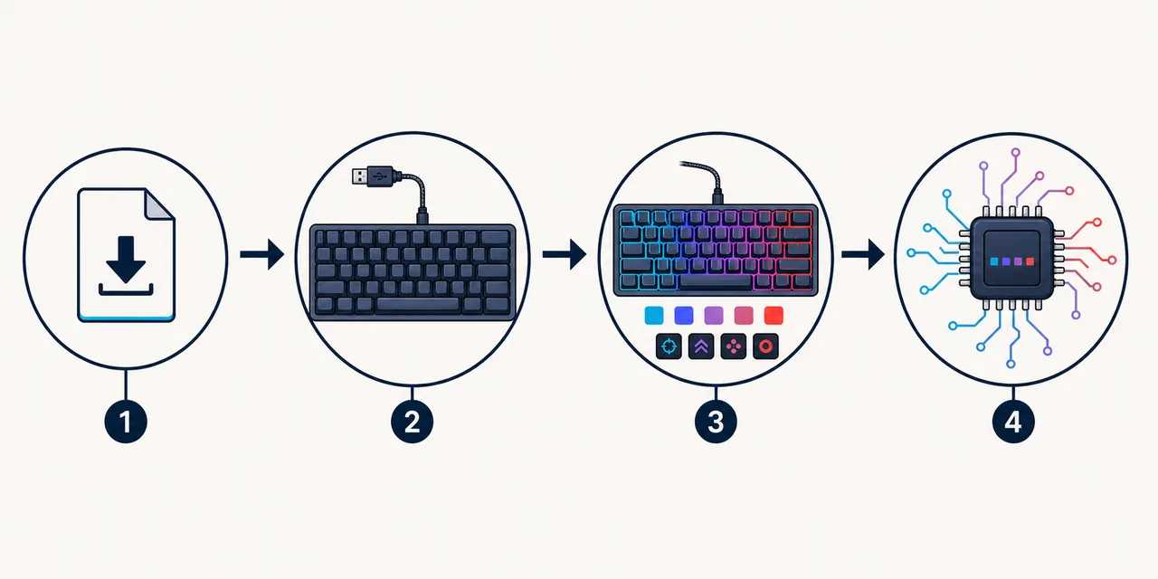 Flusso editoriale in quattro passaggi per scaricare il software Corsair, collegare la tastiera, configurare RGB e salvare la memoria