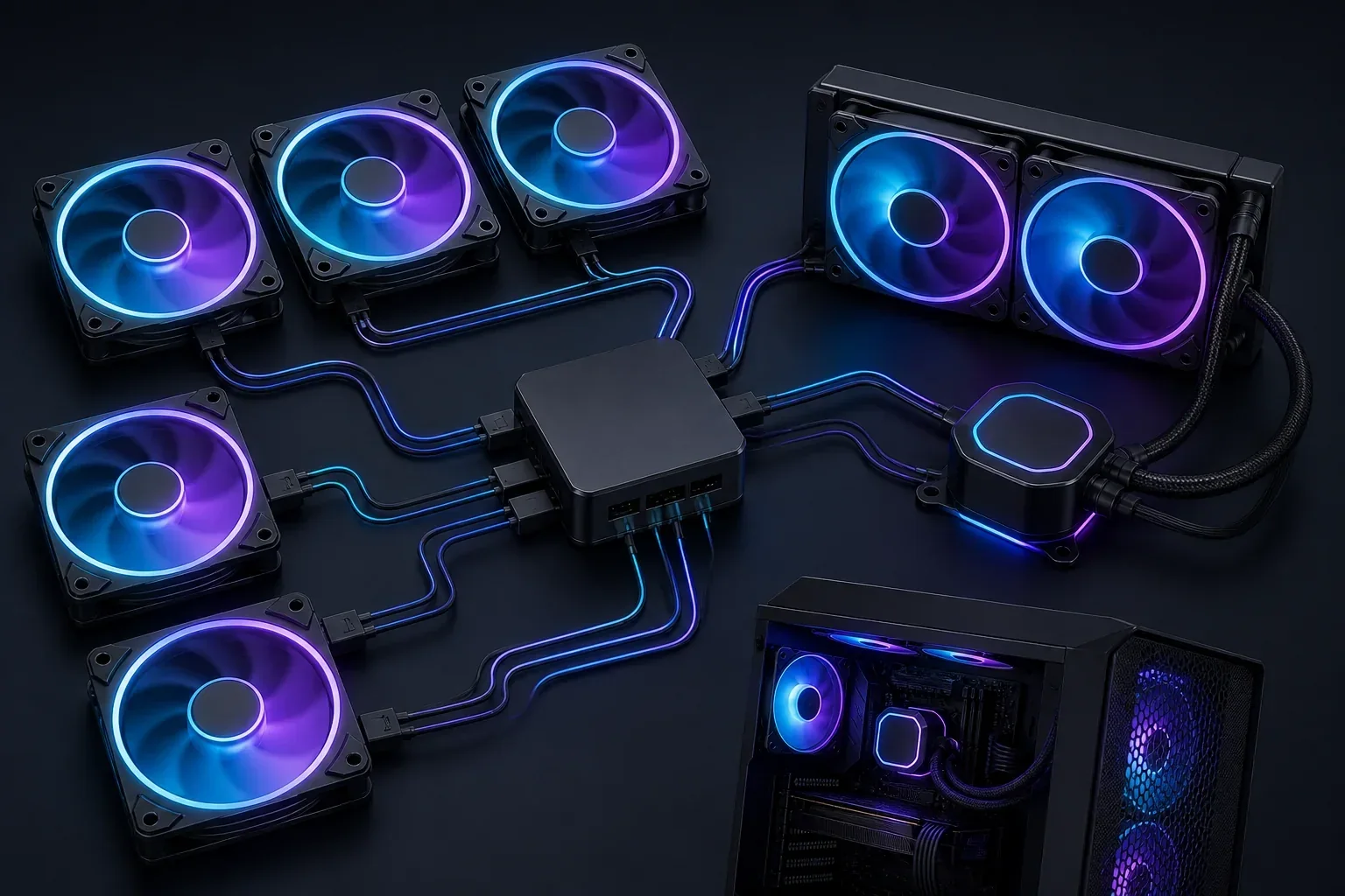 Illustrazione editoriale di un hub di controllo in stile iCUE LINK collegato a ventole RGB e a un dissipatore a liquido