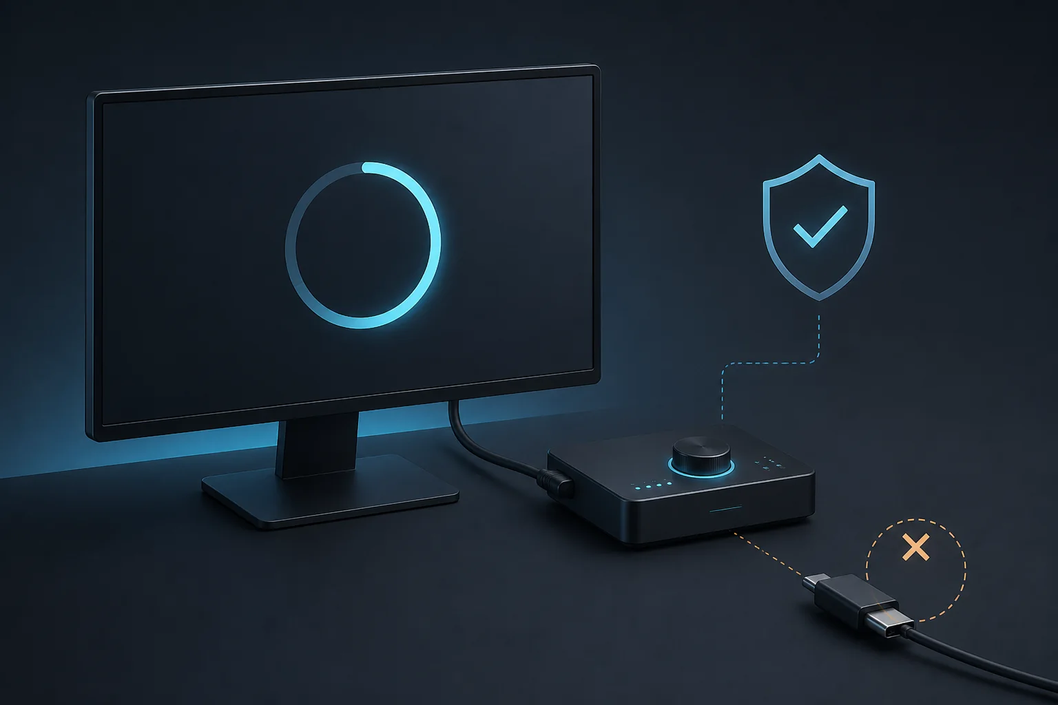 ファームウェア更新の進行リングと汎用Hub、抜線注意を示す編集用イラスト