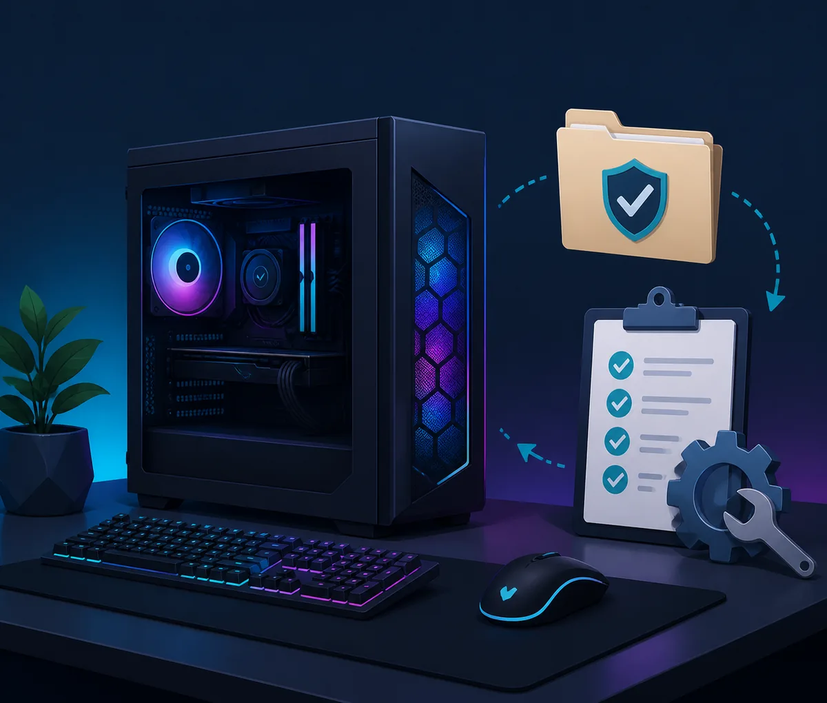 안전한 iCUE 삭제와 재설치를 준비하는 RGB PC의 편집용 일러스트