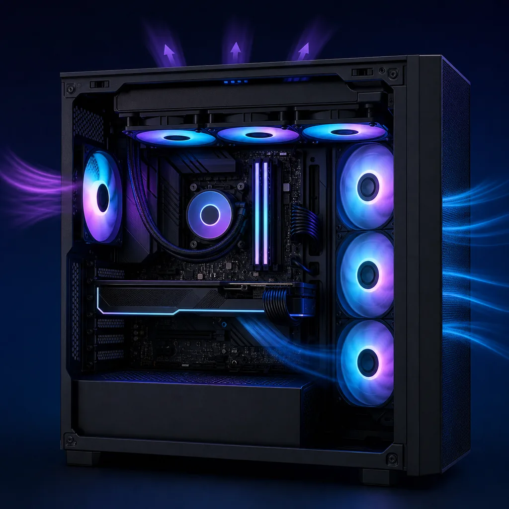 Editorial illustration of RGB case fans and an AIO cooler inside a gaming PC