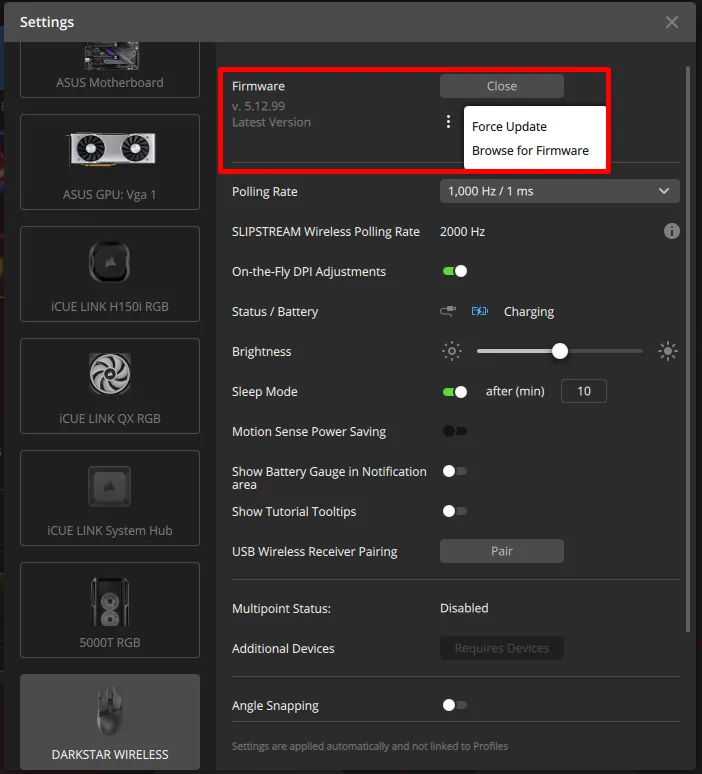Official Corsair iCUE Force Update firmware menu